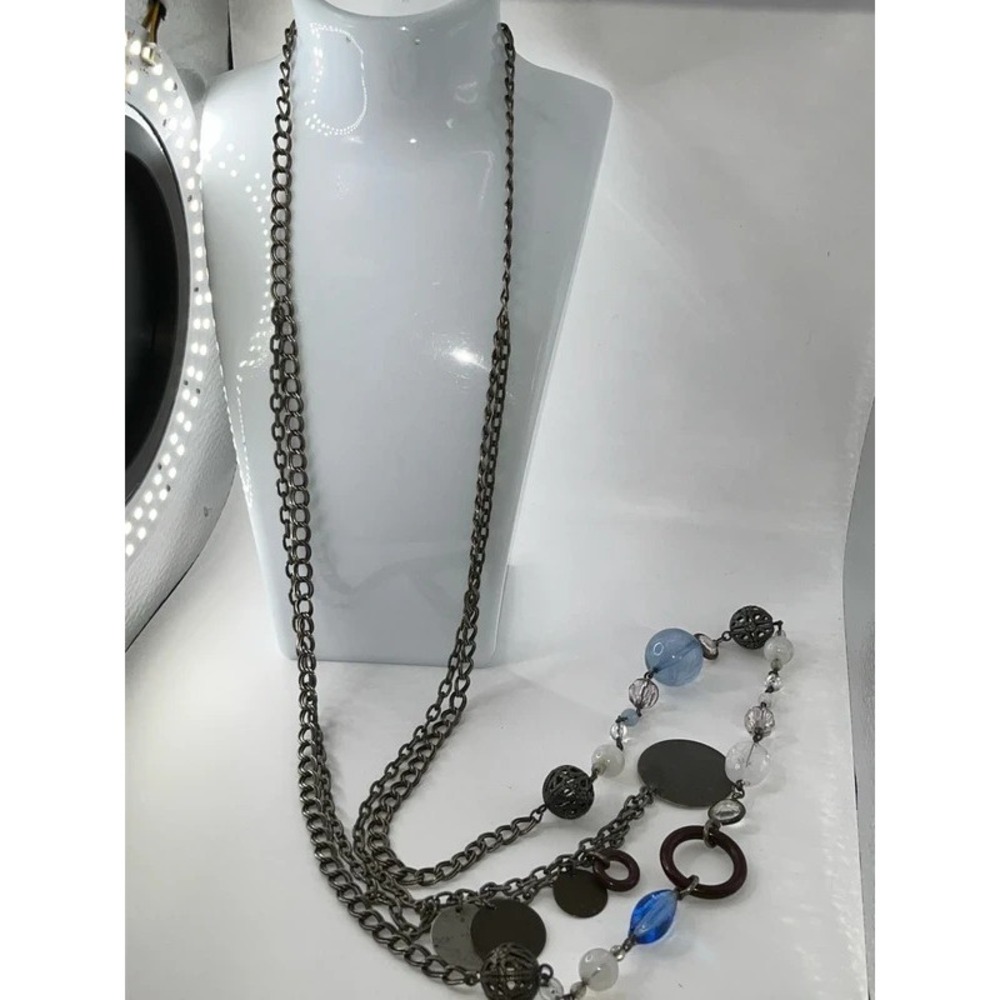 Vintage Avon NR necklace baby blue stones signed double chain filagree discs - Picture 3 of 5